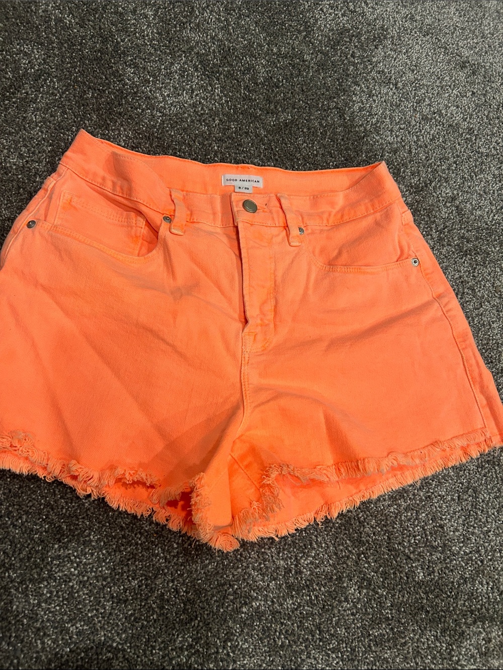 Good American Neon Orange Frayed Hem Denim Shorts